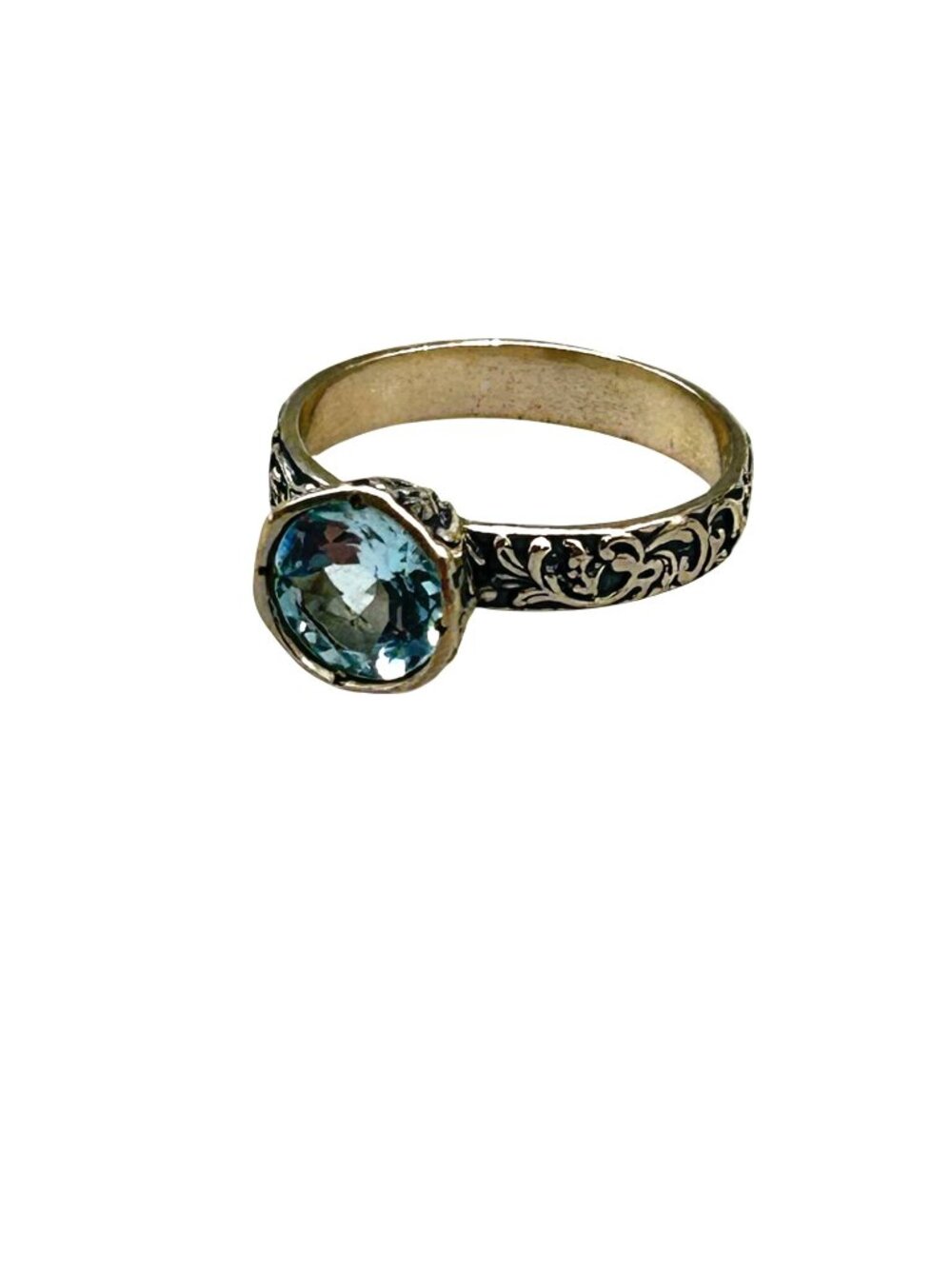 Vintage Blue Topaz Or Paz Ring Size 9 Intricate Scrollwork Band Israel Made Jewe